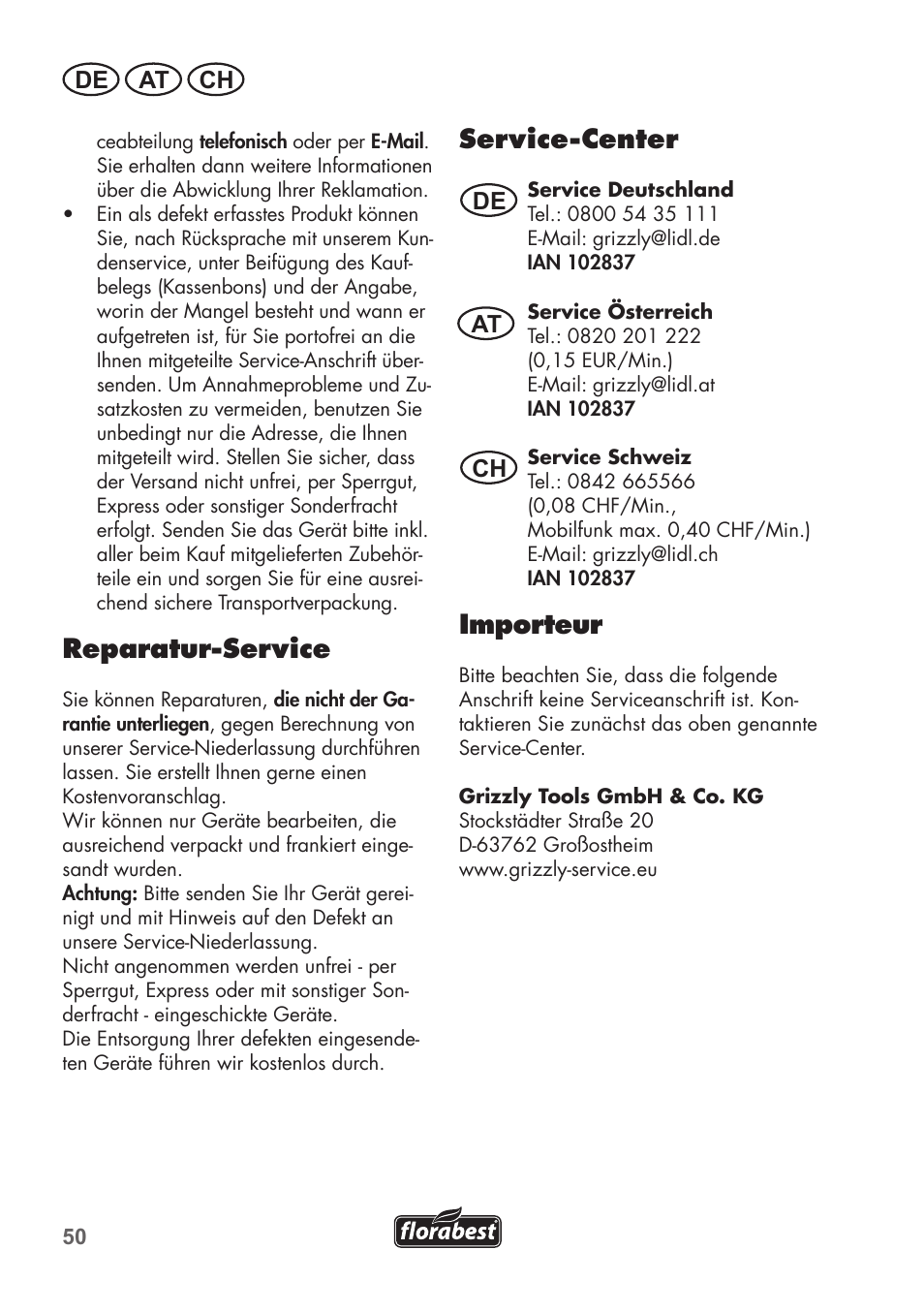 Reparatur-service, Service-center, Importeur | De at ch de at ch | Florabest FGPS 1100 B2 User Manual | Page 50 / 60