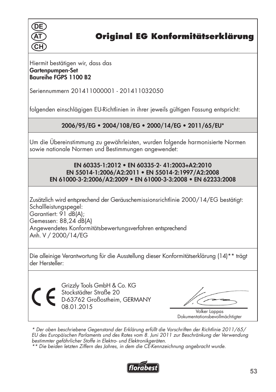 Original eg konformitätserklärung | Florabest FGPS 1100 B2 User Manual | Page 53 / 60