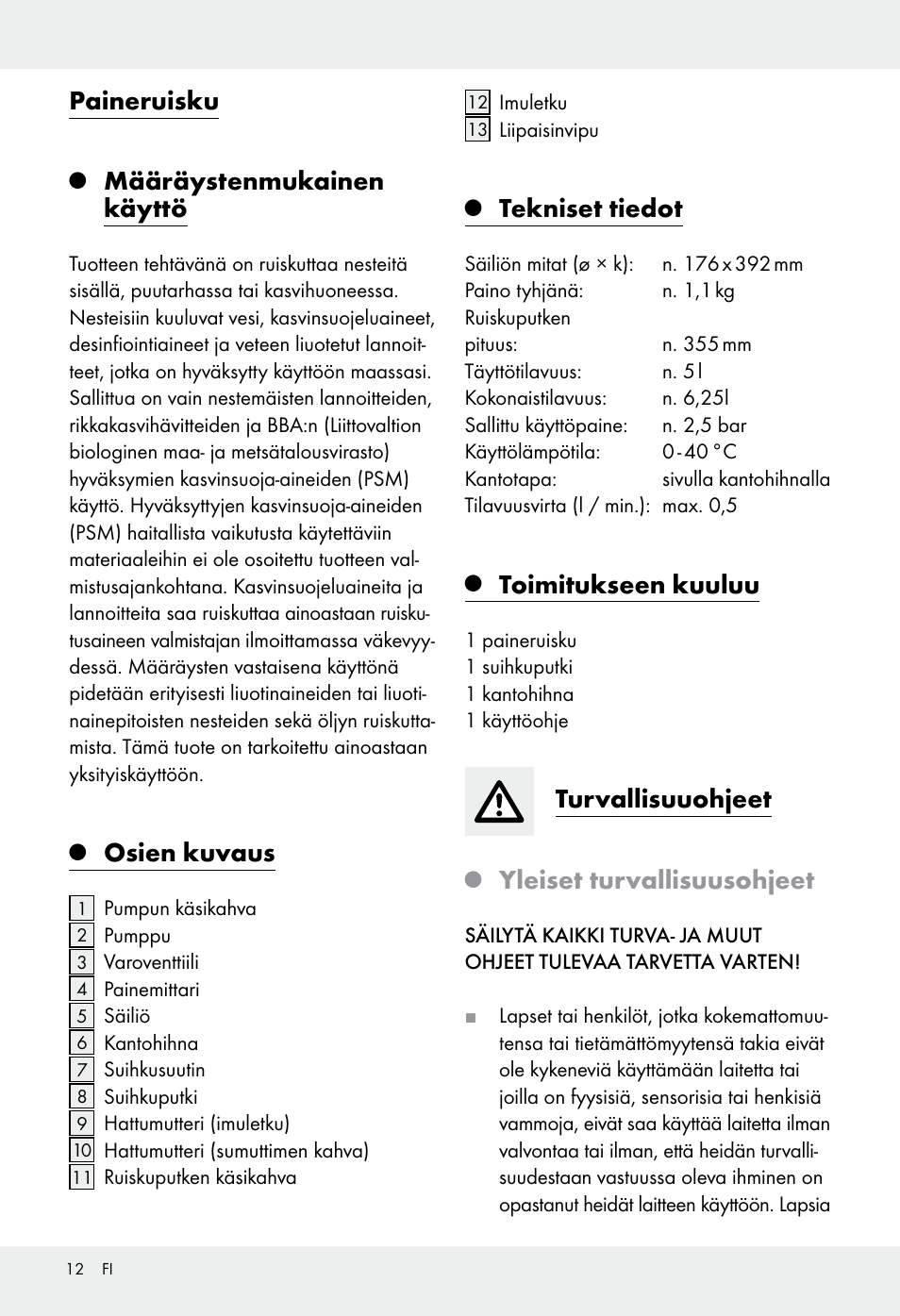 Paineruisku, Määräystenmukainen käyttö, Osien kuvaus | Tekniset tiedot, Toimitukseen kuuluu, Turvallisuuohjeet, Yleiset turvallisuusohjeet | Florabest Z31339 User Manual | Page 12 / 44