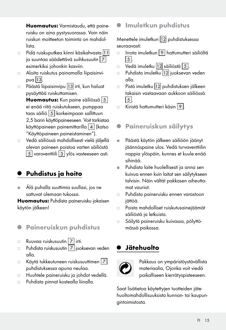 Puhdistus ja hoito, Paineruiskun puhdistus, Imuletkun puhdistus | Paineruiskun säilytys, Jätehuolto | Florabest Z31339 User Manual | Page 15 / 44