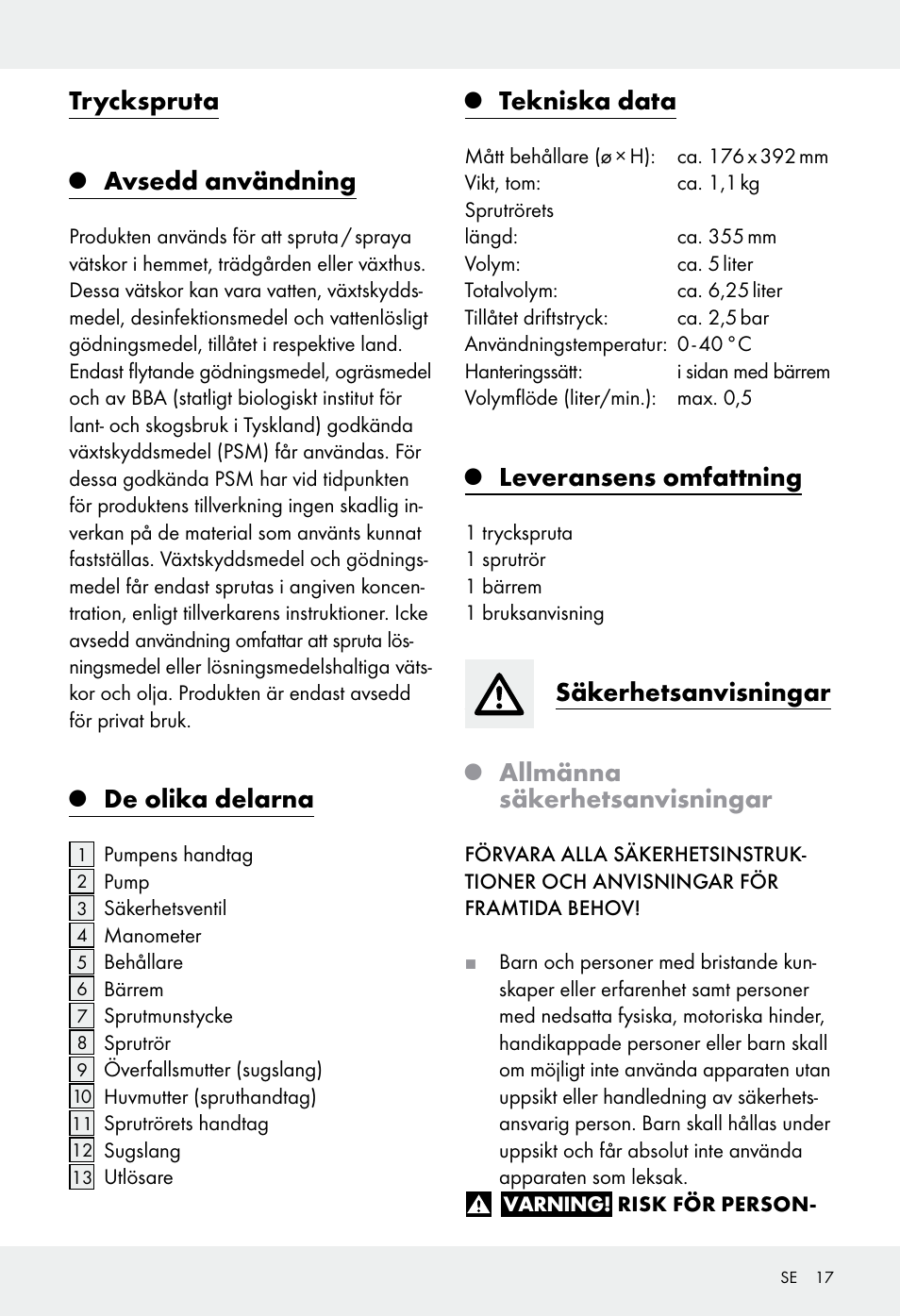 Tryckspruta, Avsedd användning, De olika delarna | Tekniska data, Leveransens omfattning, Säkerhetsanvisningar, Allmänna säkerhetsanvisningar | Florabest Z31339 User Manual | Page 17 / 44