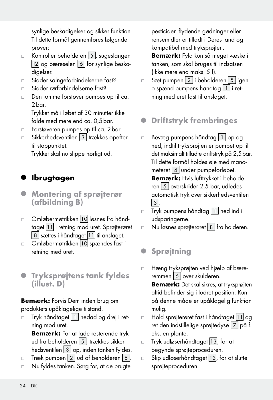 Ibrugtagen, Montering af sprøjterør (afbildning b), Tryksprøjtens tank fyldes (illust. d) | Driftstryk frembringes, Sprøjtning | Florabest Z31339 User Manual | Page 24 / 44