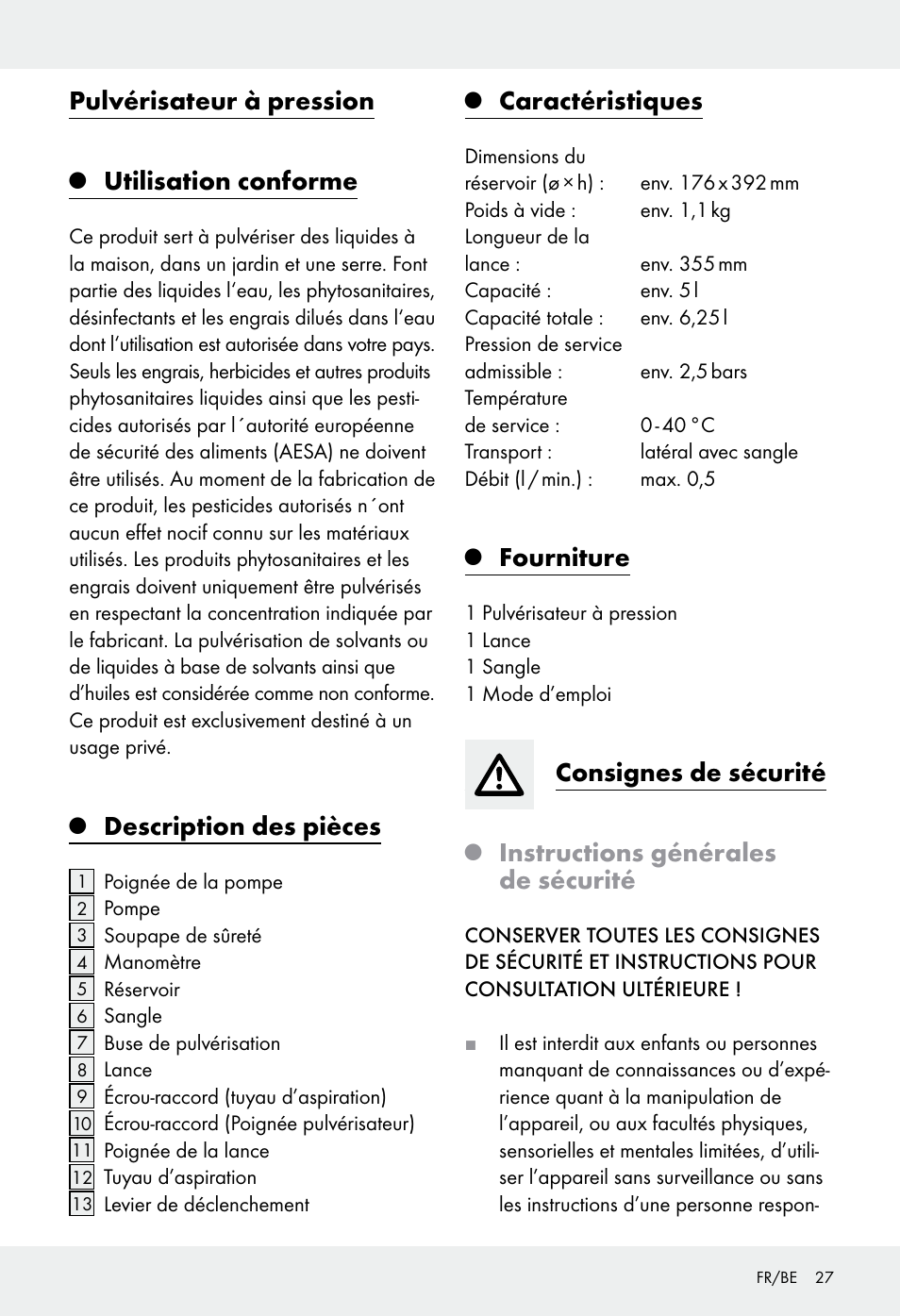 Pulvérisateur à pression, Utilisation conforme, Description des pièces | Caractéristiques, Fourniture, Consignes de sécurité, Instructions générales de sécurité | Florabest Z31339 User Manual | Page 27 / 44