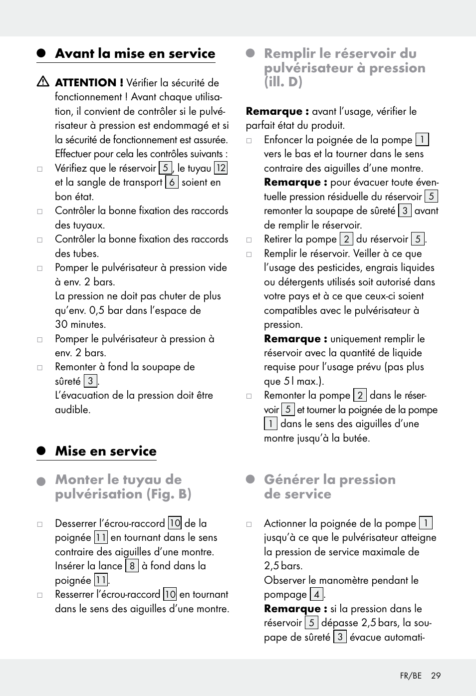 Avant la mise en service, Mise en service, Monter le tuyau de pulvérisation (fig. b) | Générer la pression de service | Florabest Z31339 User Manual | Page 29 / 44