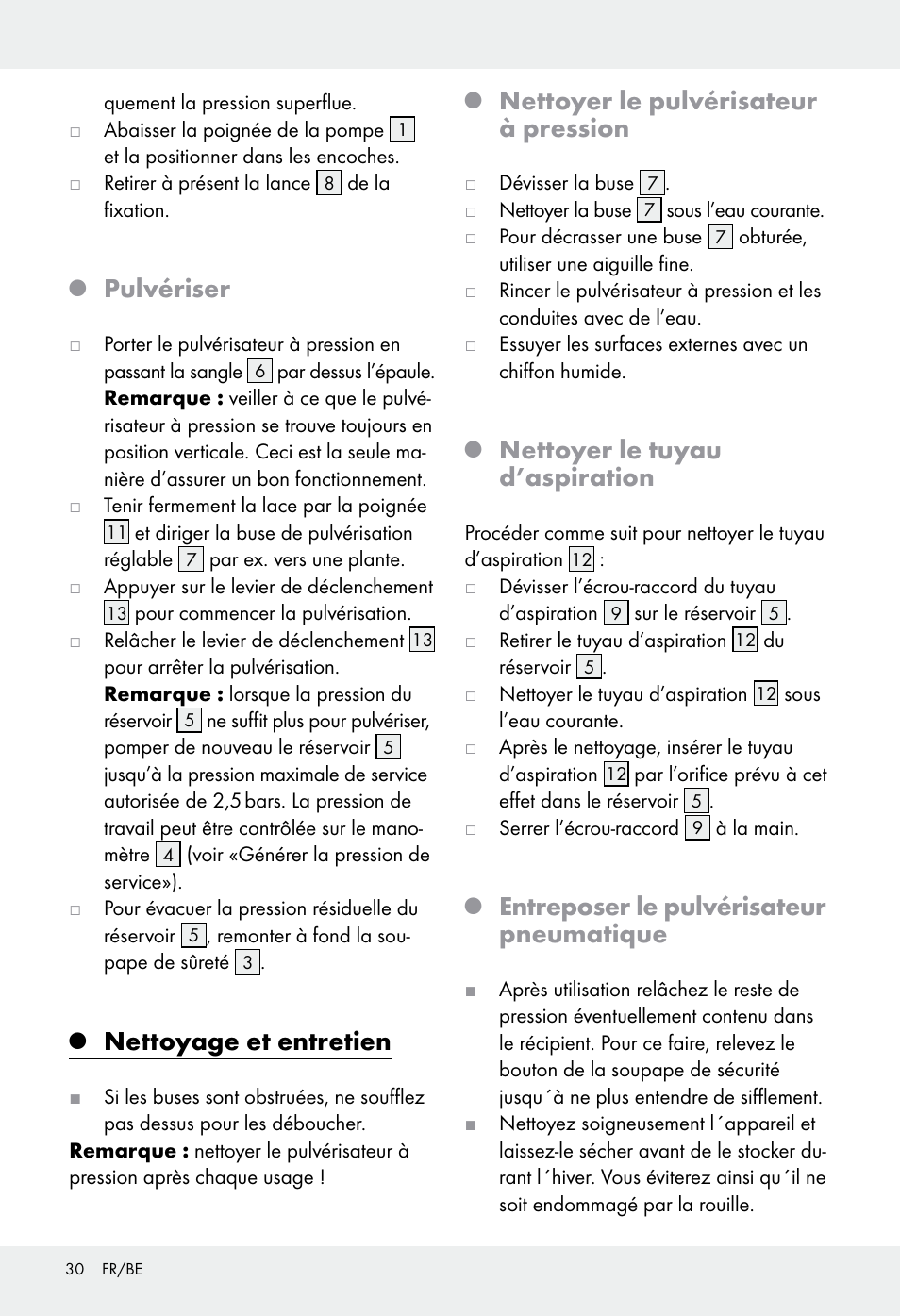 Pulvériser, Nettoyage et entretien, Nettoyer le pulvérisateur à pression | Nettoyer le tuyau d’aspiration, Entreposer le pulvérisateur pneumatique | Florabest Z31339 User Manual | Page 30 / 44