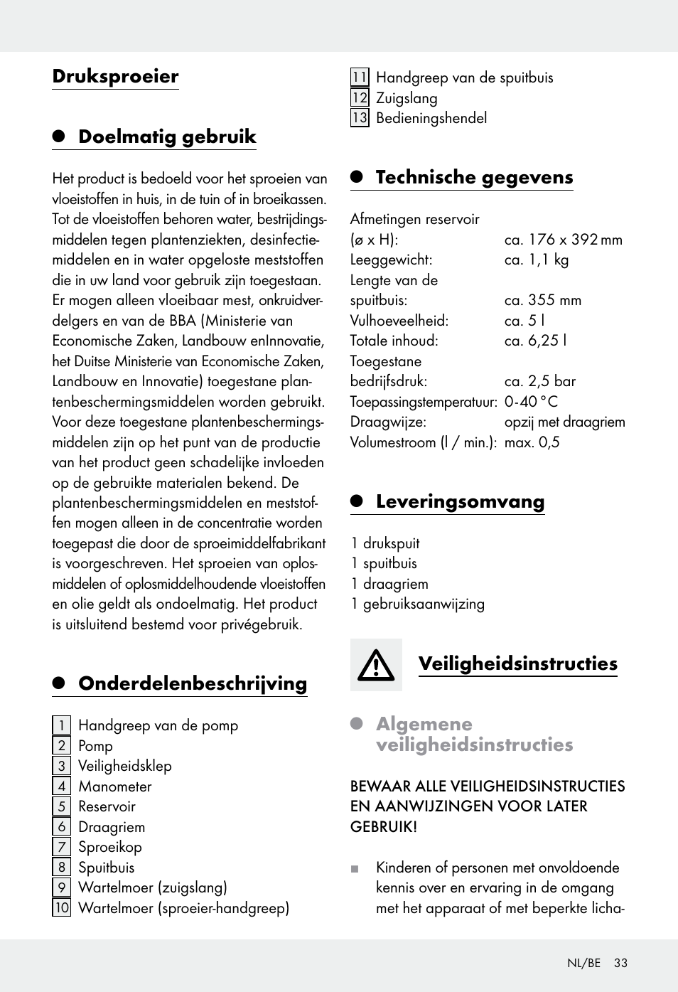 Druksproeier, Doelmatig gebruik, Onderdelenbeschrijving | Technische gegevens, Leveringsomvang, Veiligheidsinstructies, Algemene veiligheidsinstructies | Florabest Z31339 User Manual | Page 33 / 44