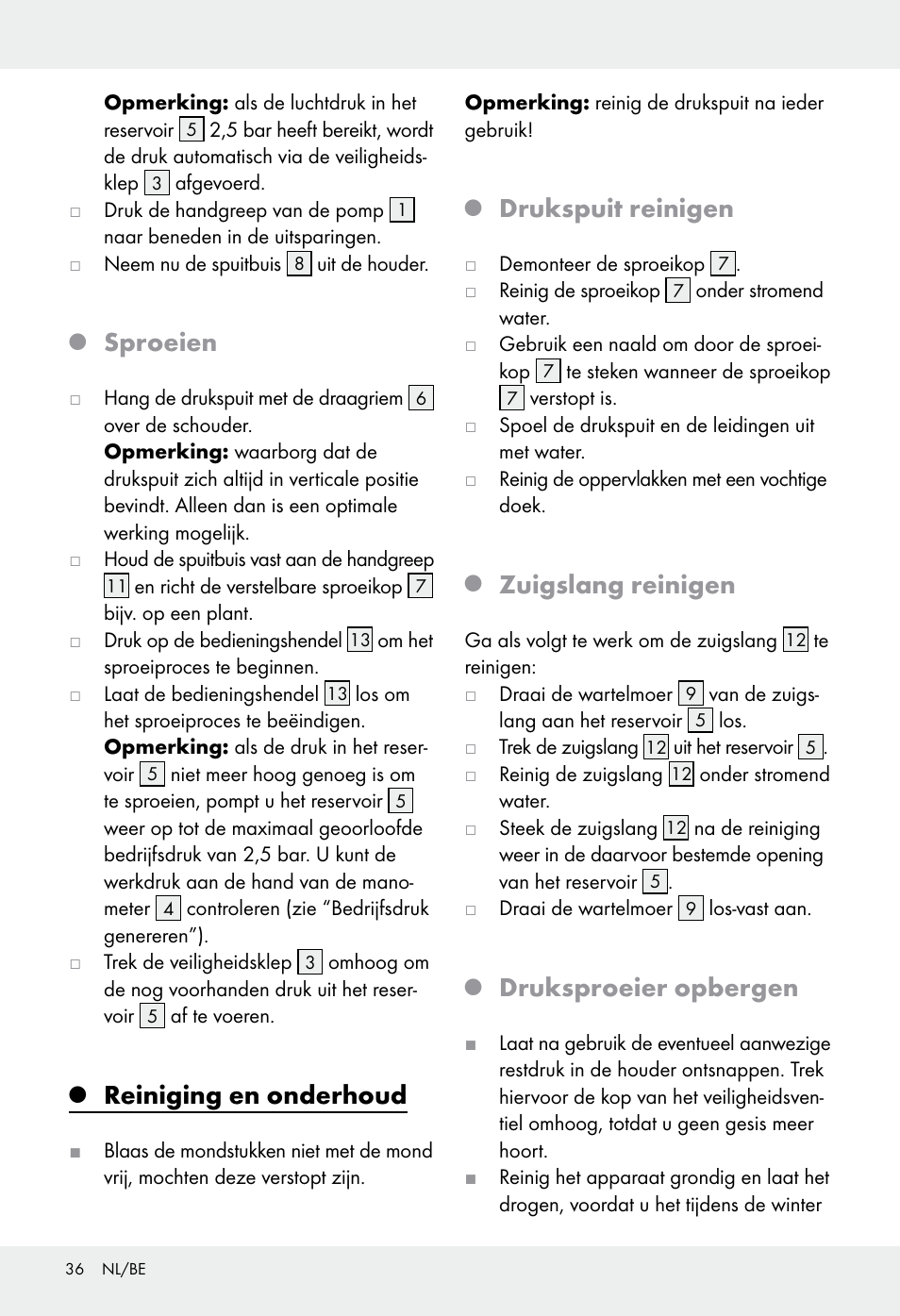 Sproeien, Reiniging en onderhoud, Drukspuit reinigen | Zuigslang reinigen, Druksproeier opbergen | Florabest Z31339 User Manual | Page 36 / 44