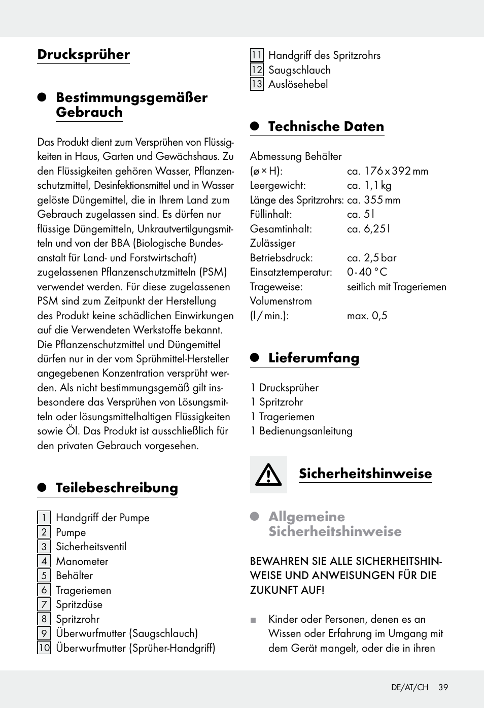 Drucksprüher, Bestimmungsgemäßer gebrauch, Teilebeschreibung | Technische daten, Lieferumfang, Sicherheitshinweise, Allgemeine sicherheitshinweise | Florabest Z31339 User Manual | Page 39 / 44