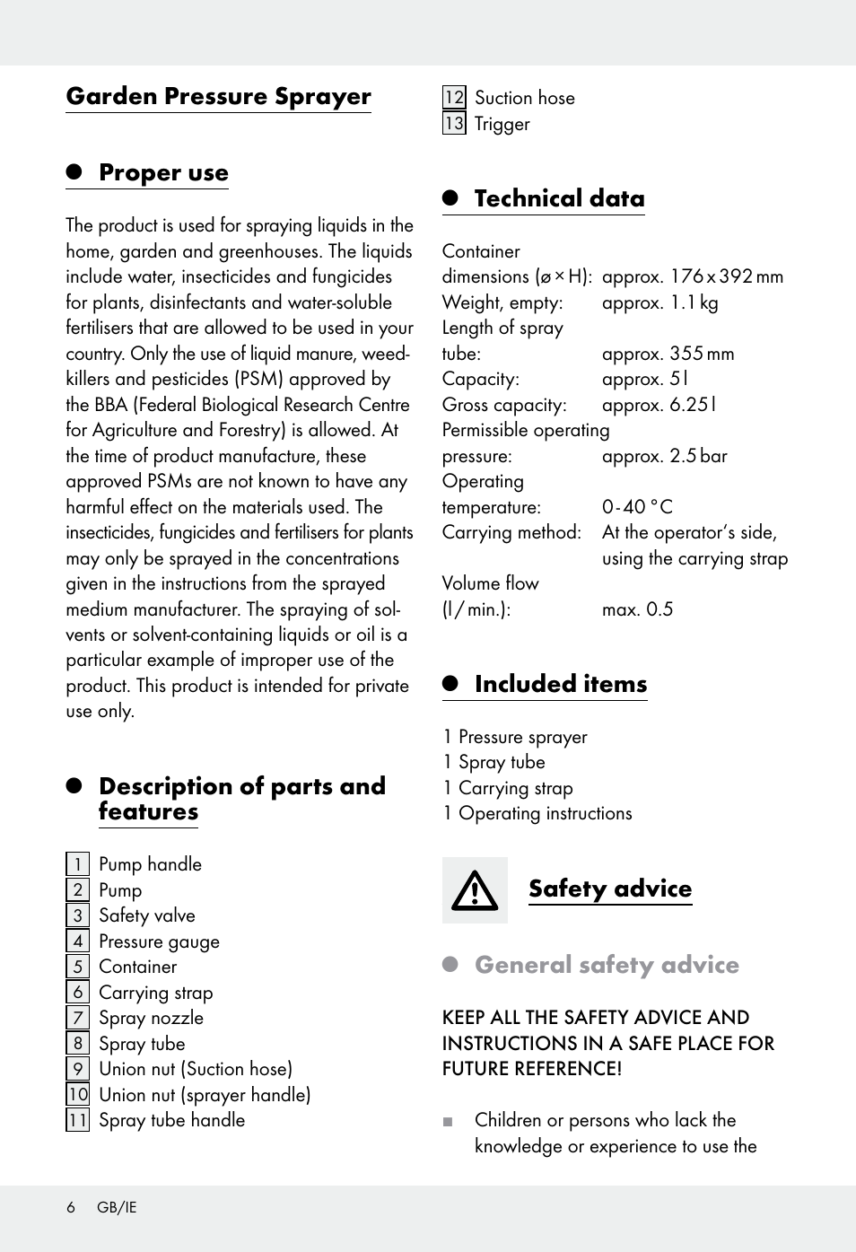 Garden pressure sprayer, Proper use, Description of parts and features | Technical data, Included items, Safety advice, General safety advice | Florabest Z31339 User Manual | Page 6 / 44