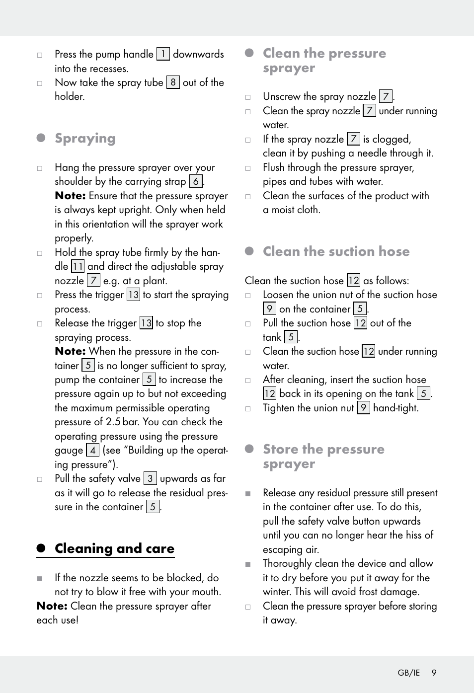 Spraying, Cleaning and care, Clean the pressure sprayer | Clean the suction hose, Store the pressure sprayer | Florabest Z31339 User Manual | Page 9 / 44