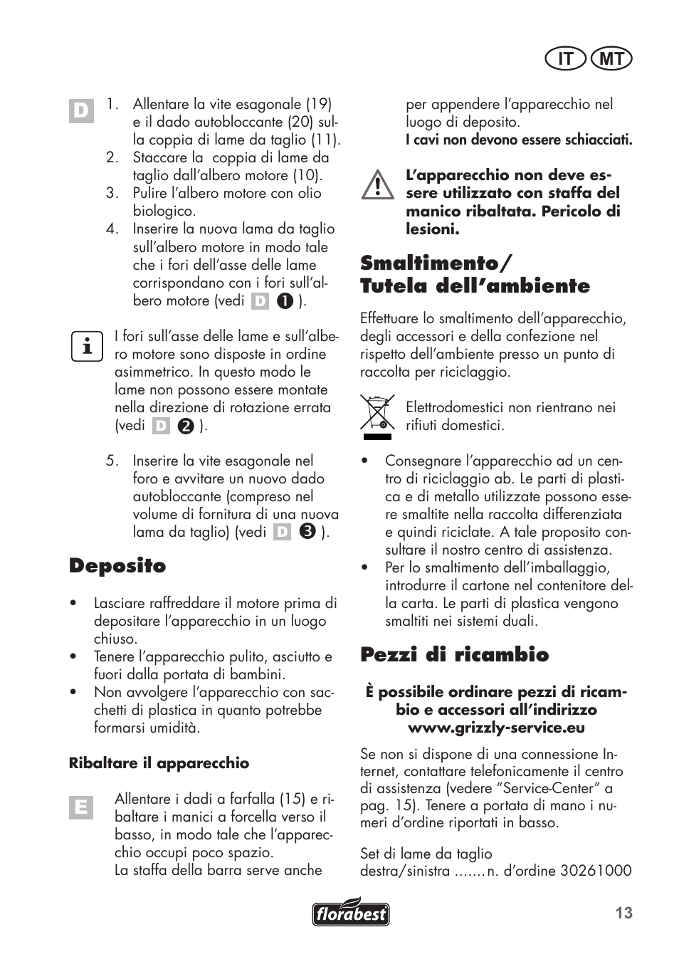 Deposito, Smaltimento/ tutela dell’ambiente, Pezzi di ricambio | It mt | Florabest FGH 710 A1 User Manual | Page 13 / 58