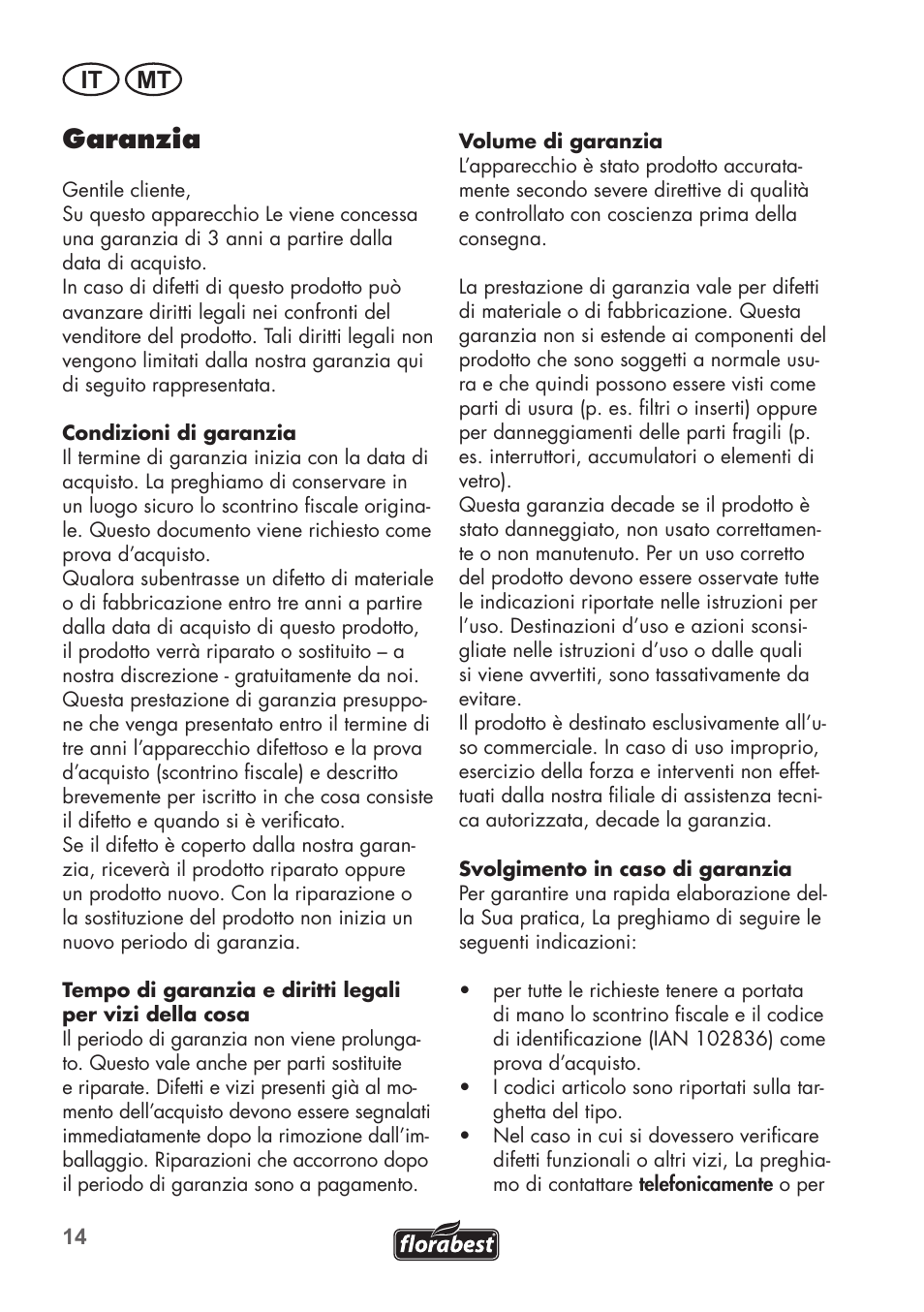 Garanzia, It mt | Florabest FGH 710 A1 User Manual | Page 14 / 58