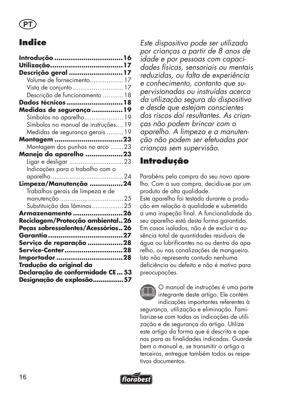Introdução, Indice | Florabest FGH 710 A1 User Manual | Page 16 / 58
