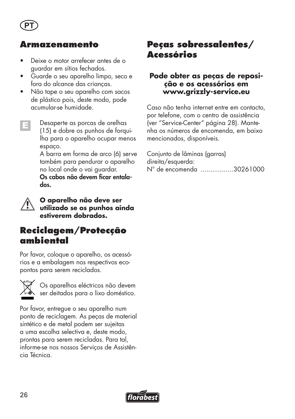 Armazenamento, Reciclagem/protecção ambiental, Peças sobressalentes/ acessórios | Florabest FGH 710 A1 User Manual | Page 26 / 58