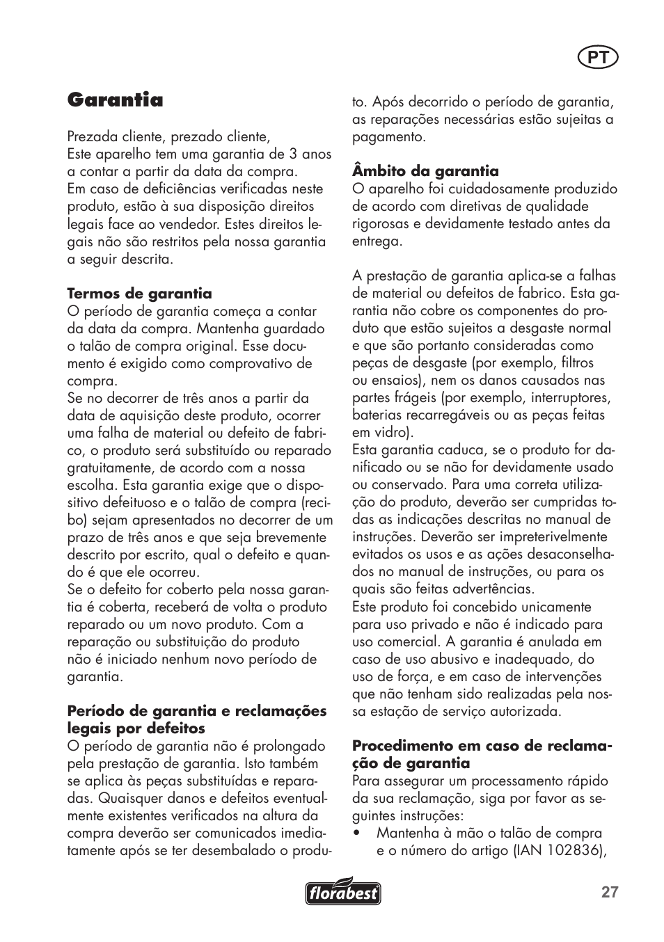 Garantia | Florabest FGH 710 A1 User Manual | Page 27 / 58