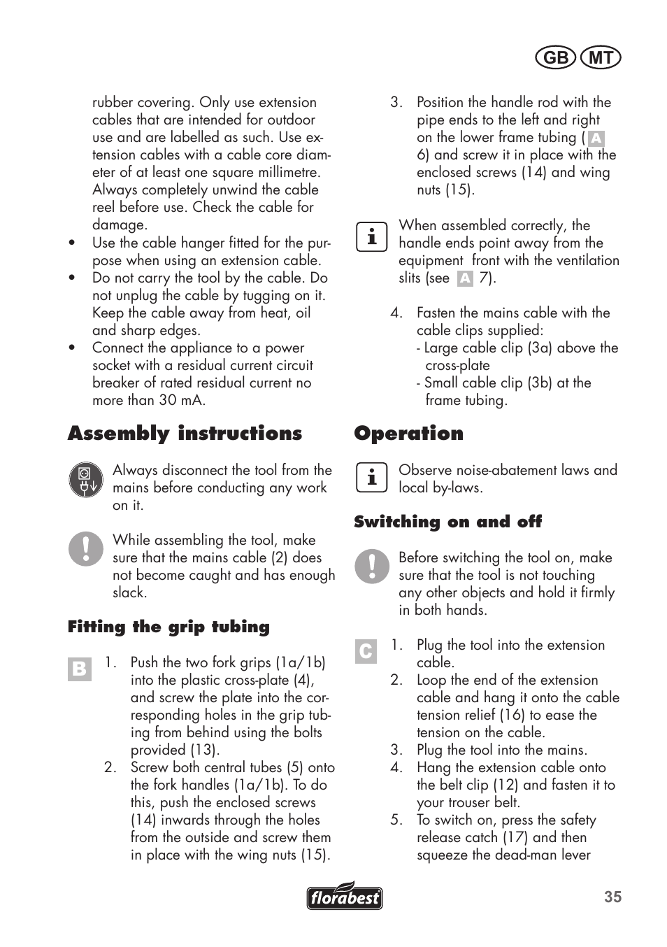 Assembly instructions, Operation, Gb mt | Florabest FGH 710 A1 User Manual | Page 35 / 58