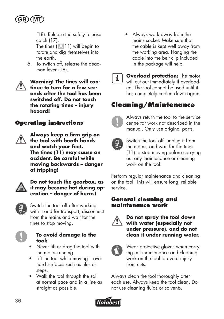 Cleaning/maintenance, Gb mt | Florabest FGH 710 A1 User Manual | Page 36 / 58