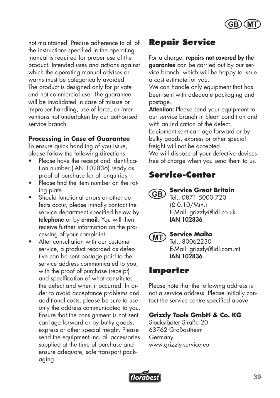 Repair service, Service-center, Importer | Gb mt | Florabest FGH 710 A1 User Manual | Page 39 / 58