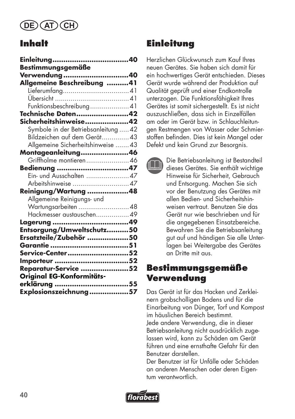 Einleitung, Bestimmungsgemäße verwendung, Inhalt | De at ch | Florabest FGH 710 A1 User Manual | Page 40 / 58