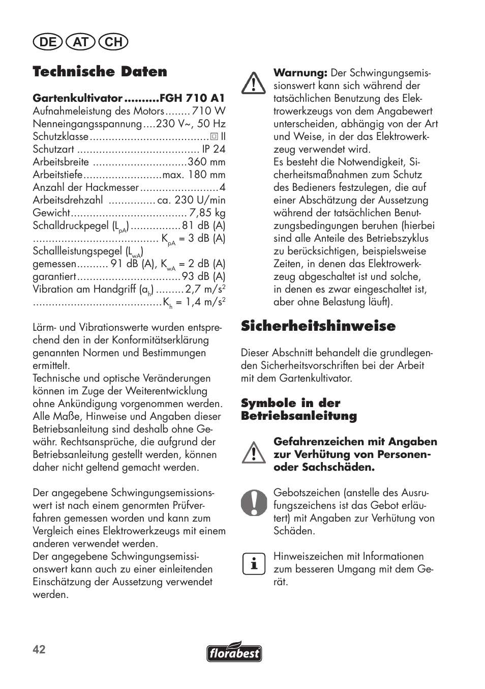 Technische daten, Sicherheitshinweise, De at ch | Florabest FGH 710 A1 User Manual | Page 42 / 58