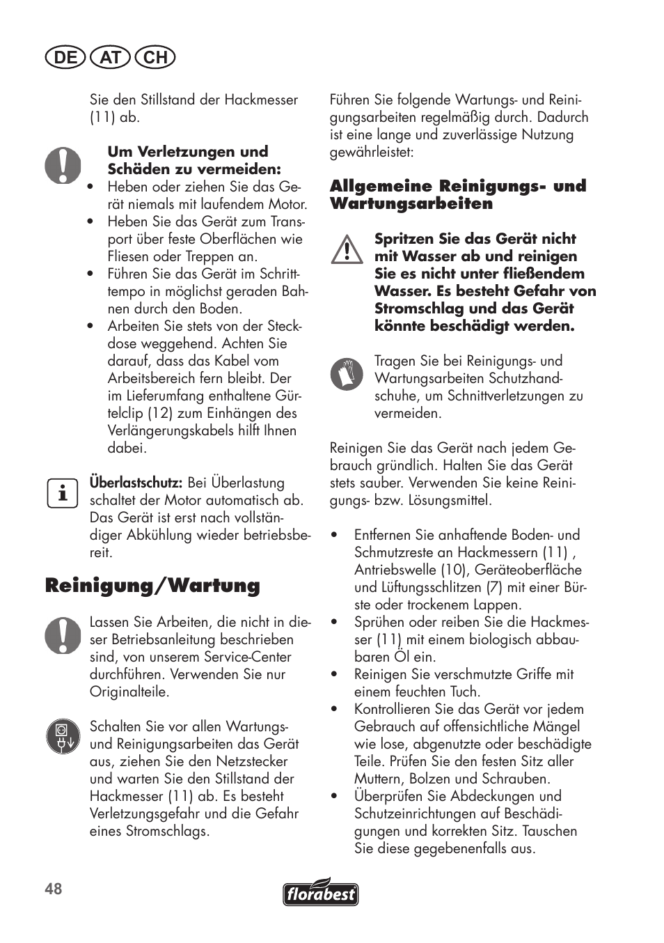 Reinigung/wartung, De at ch | Florabest FGH 710 A1 User Manual | Page 48 / 58