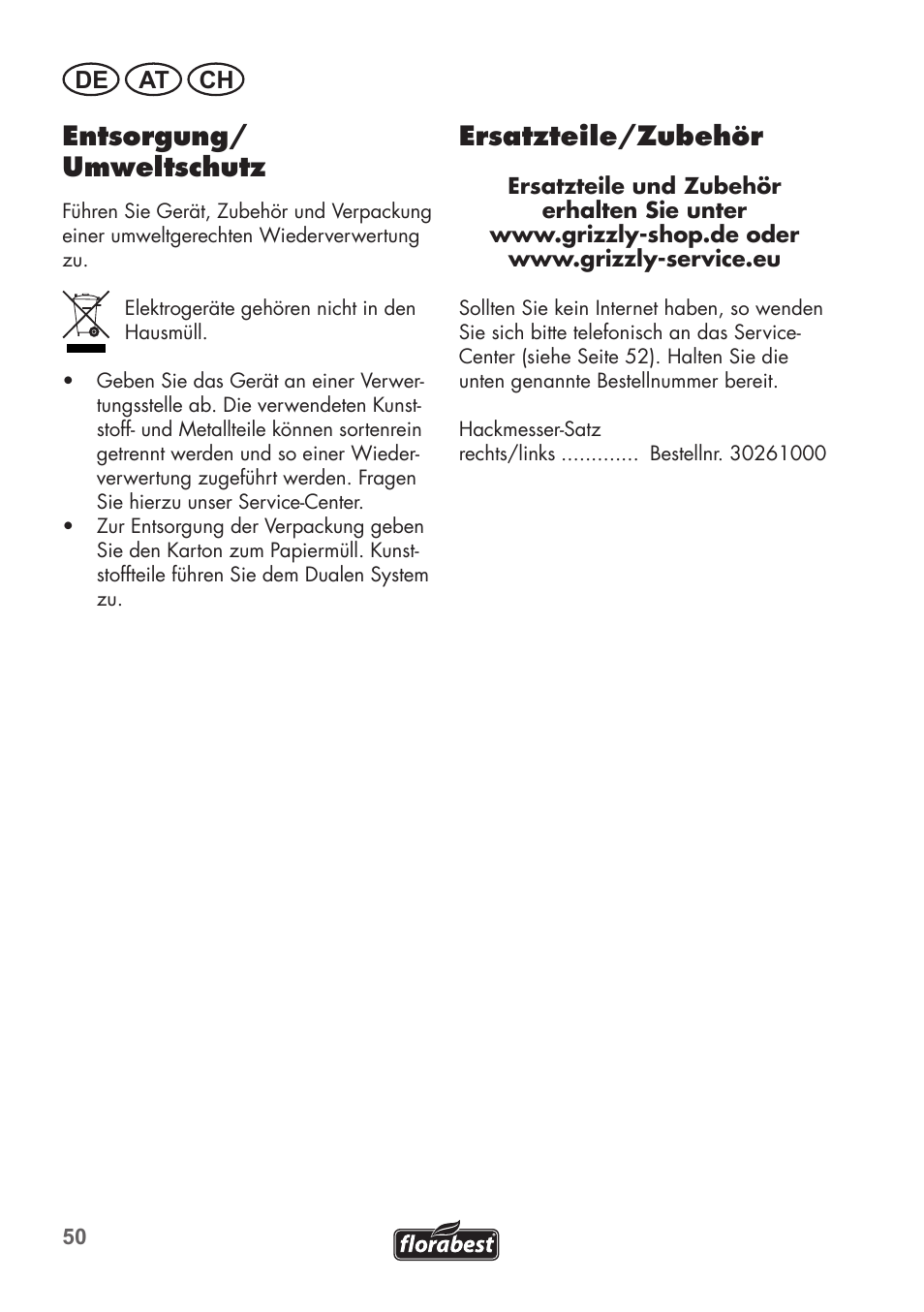 Entsorgung/ umweltschutz, Ersatzteile/zubehör, De at ch | Florabest FGH 710 A1 User Manual | Page 50 / 58