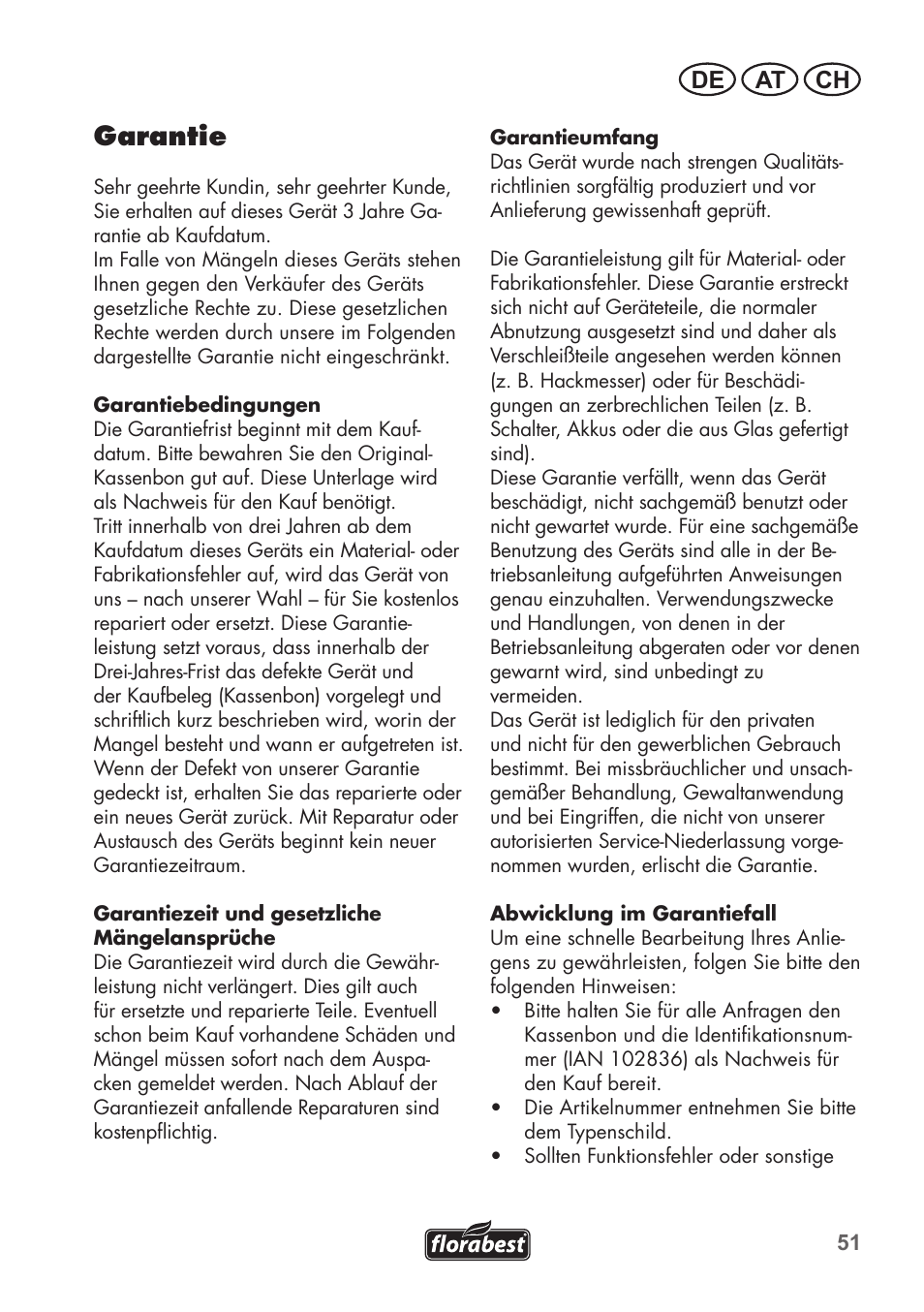 Garantie, De at ch | Florabest FGH 710 A1 User Manual | Page 51 / 58