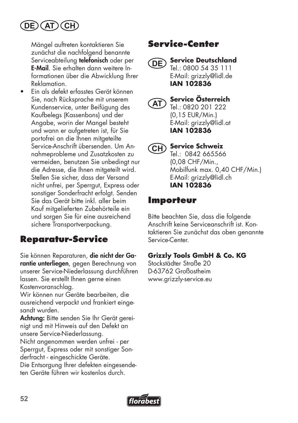 Reparatur-service, Service-center, Importeur | De at ch | Florabest FGH 710 A1 User Manual | Page 52 / 58