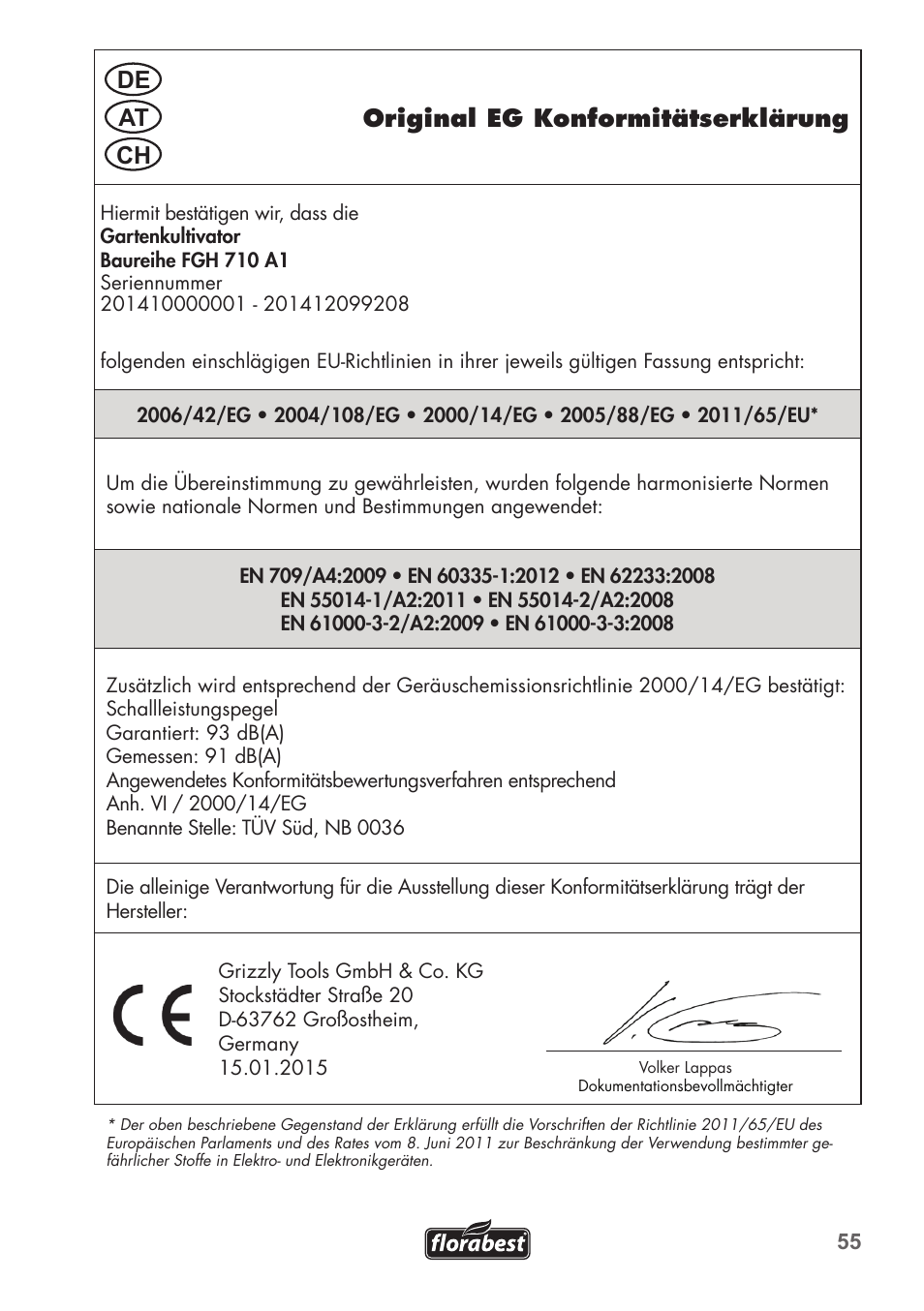 Original eg konformitätserklärung, De at ch | Florabest FGH 710 A1 User Manual | Page 55 / 58