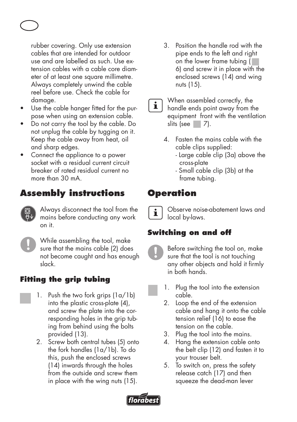Assembly instructions, Operation | Florabest FGH 710 A1 User Manual | Page 10 / 94