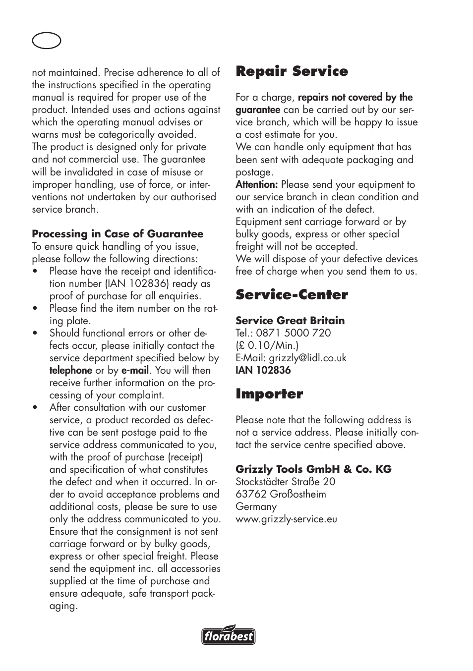 Repair service, Service-center, Importer | Florabest FGH 710 A1 User Manual | Page 14 / 94