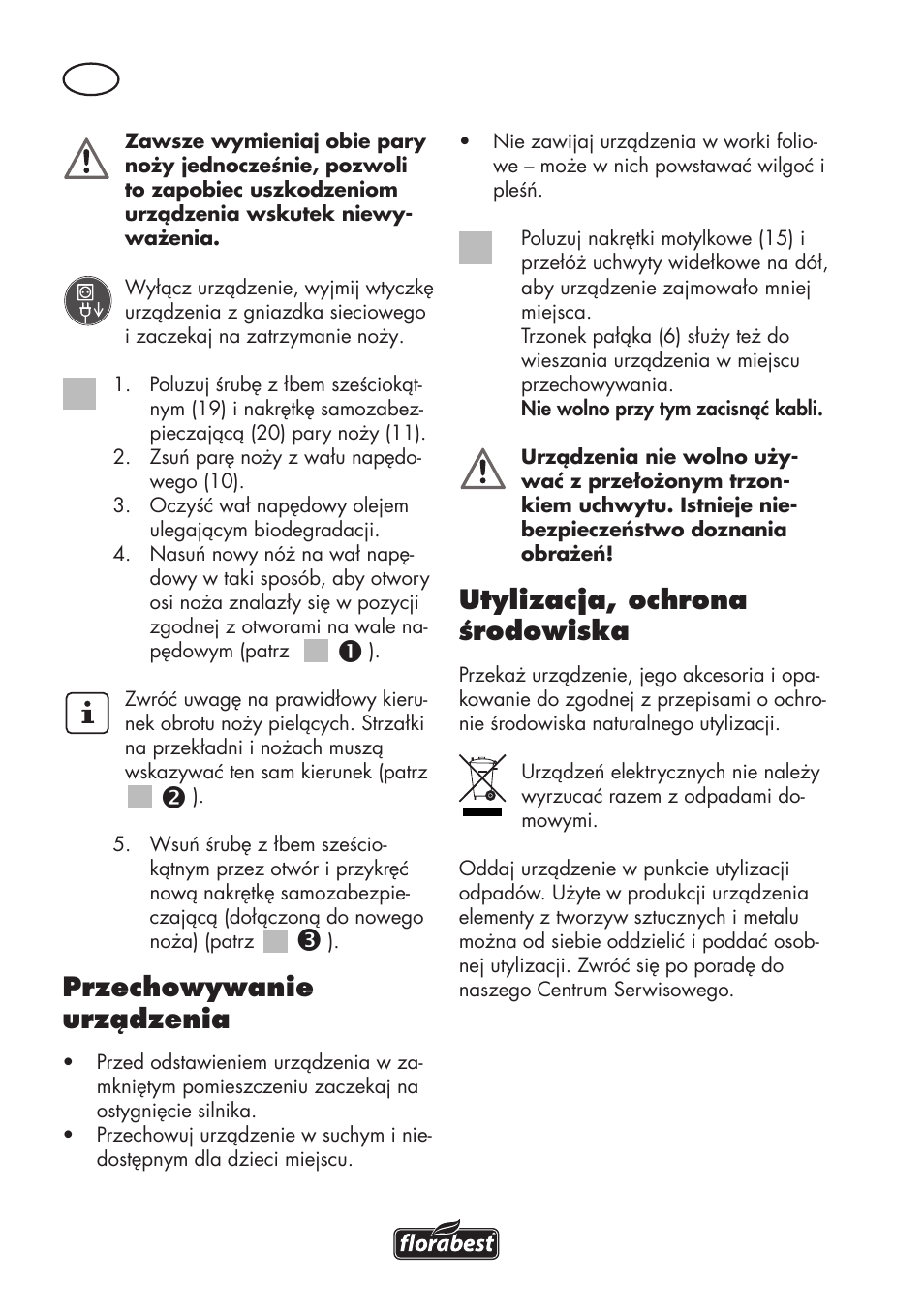 Przechowywanie urządzenia, Utylizacja, ochrona środowiska | Florabest FGH 710 A1 User Manual | Page 24 / 94