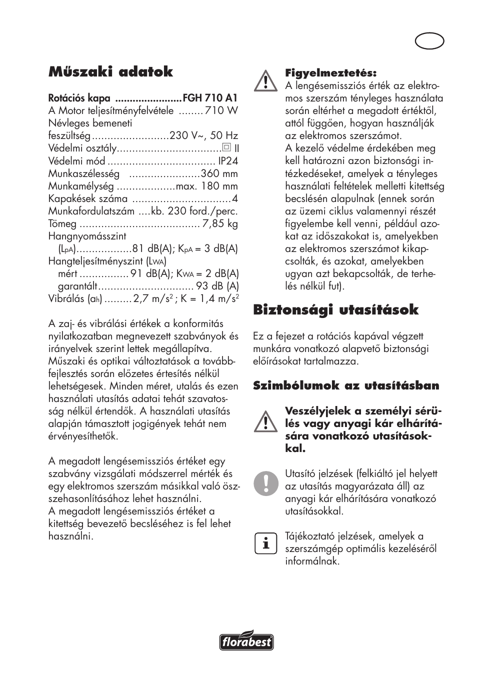 Műszaki adatok, Biztonsági utasítások | Florabest FGH 710 A1 User Manual | Page 29 / 94