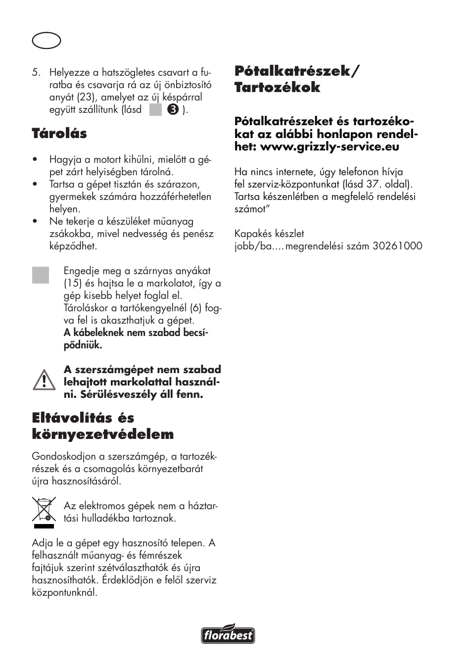 Tárolás, Eltávolítás és környezetvédelem, Pótalkatrészek/ tartozékok | Florabest FGH 710 A1 User Manual | Page 36 / 94