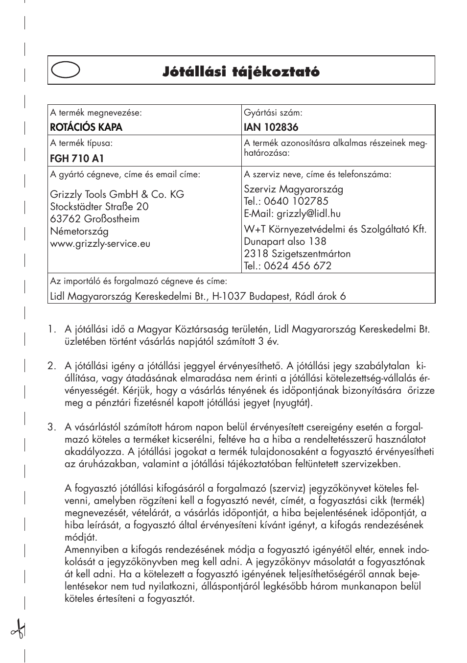 Jótállási tájékoztató | Florabest FGH 710 A1 User Manual | Page 37 / 94