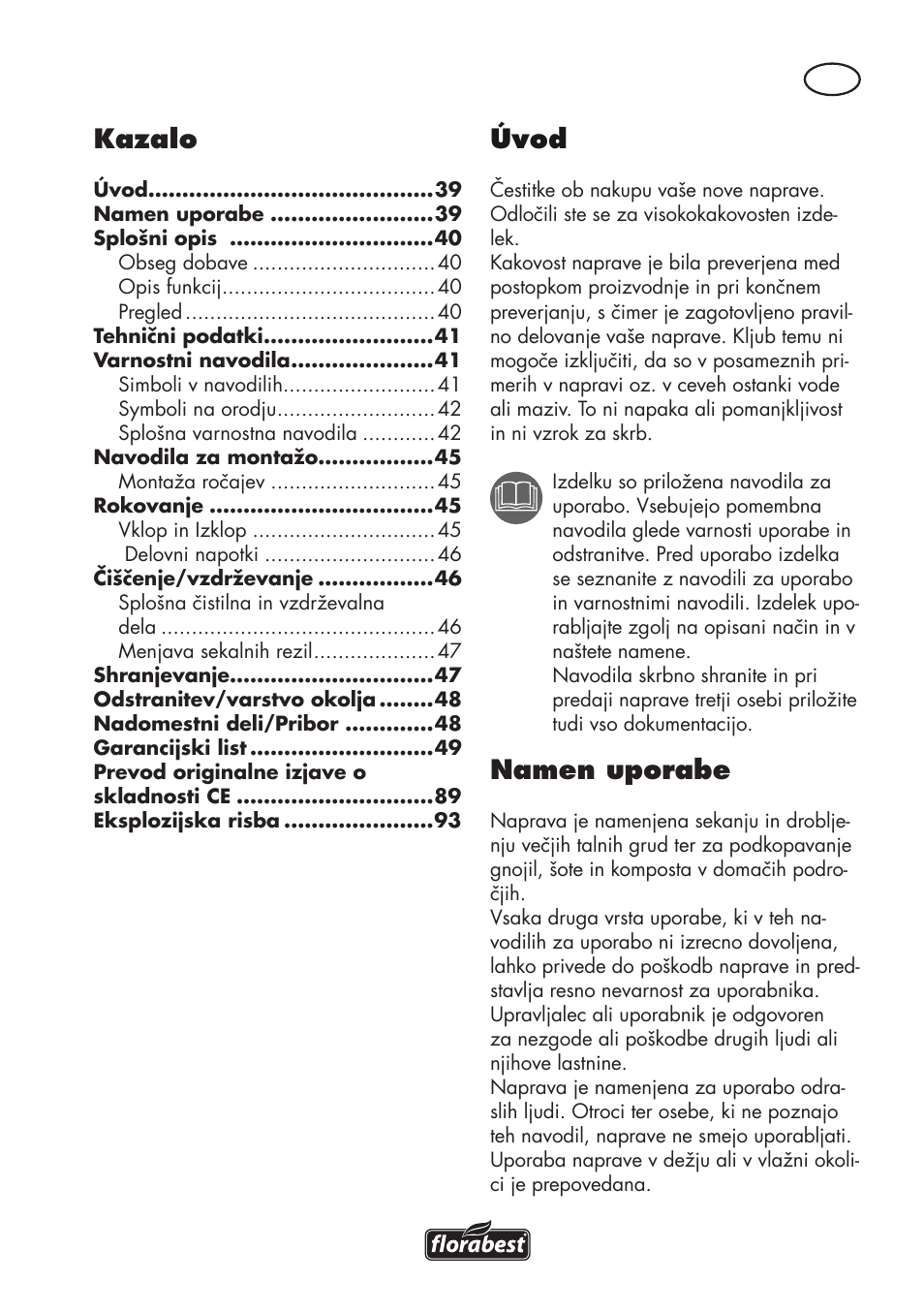 Úvod, Namen uporabe, Kazalo | Florabest FGH 710 A1 User Manual | Page 39 / 94