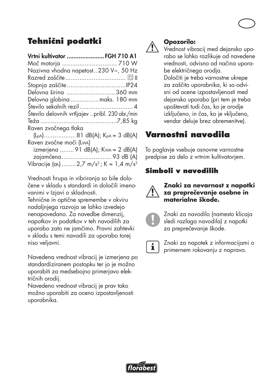 Tehnični podatki, Varnostni navodila | Florabest FGH 710 A1 User Manual | Page 41 / 94
