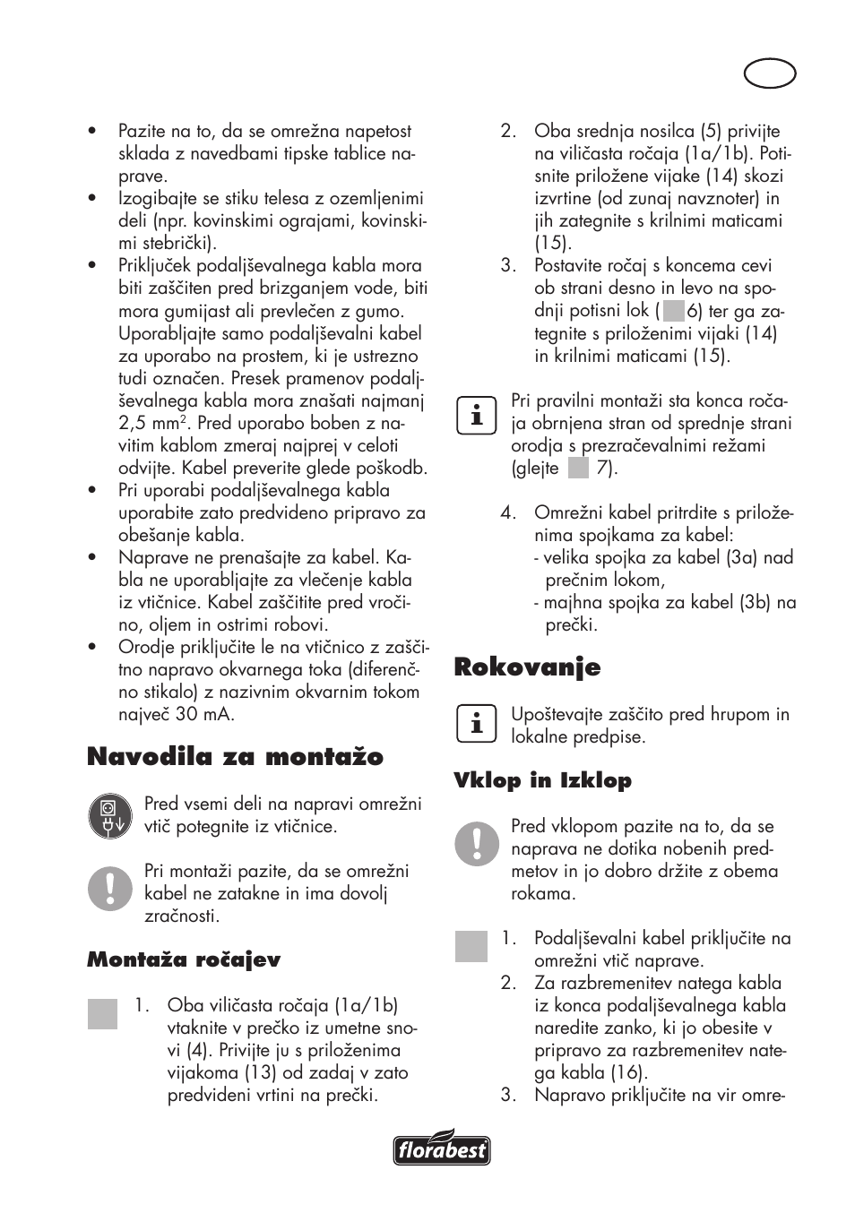 Navodila za montažo, Rokovanje | Florabest FGH 710 A1 User Manual | Page 45 / 94
