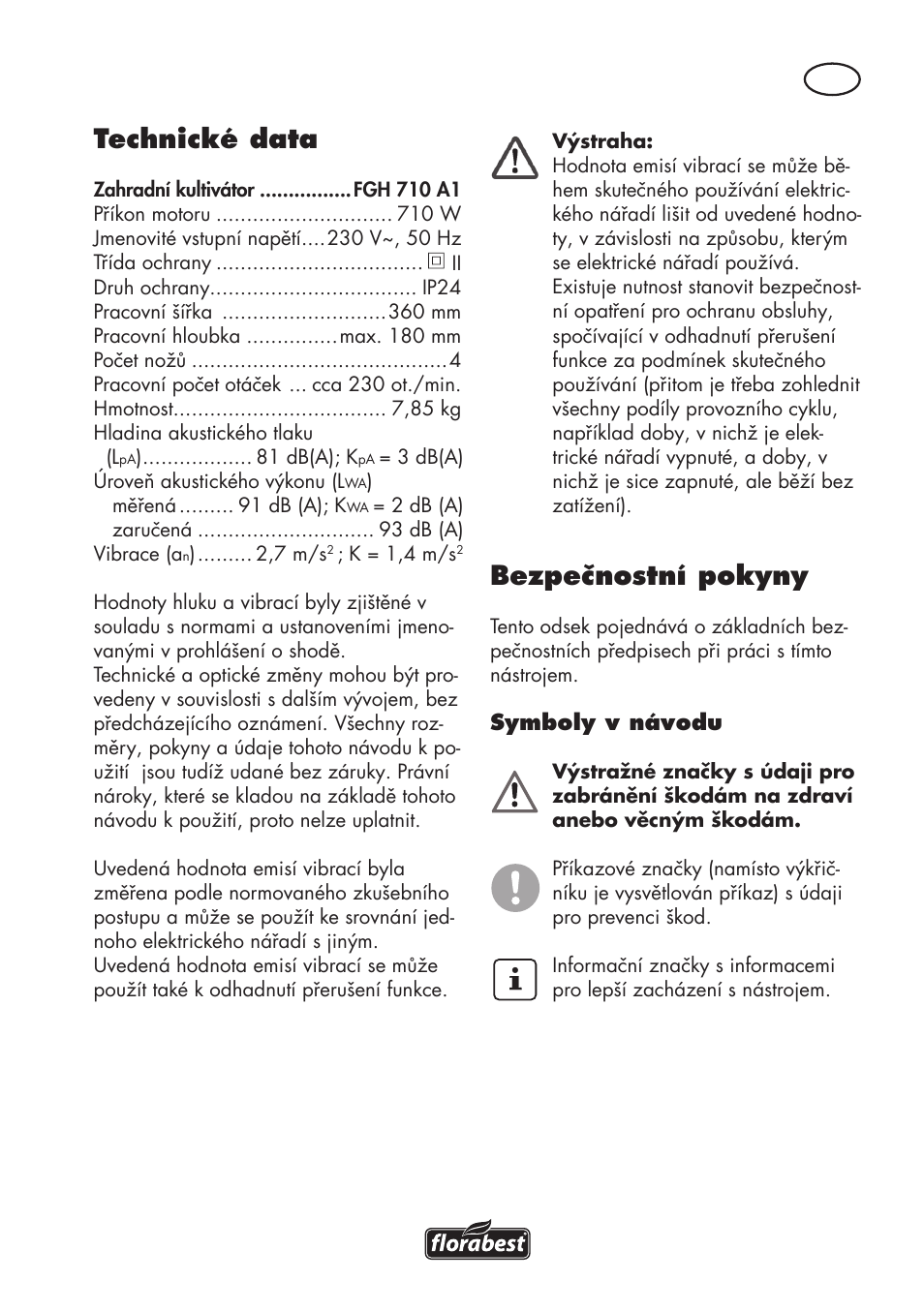 Technické data, Bezpečnostní pokyny | Florabest FGH 710 A1 User Manual | Page 53 / 94