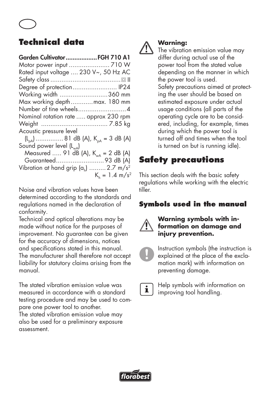 Technical data, Safety precautions | Florabest FGH 710 A1 User Manual | Page 6 / 94