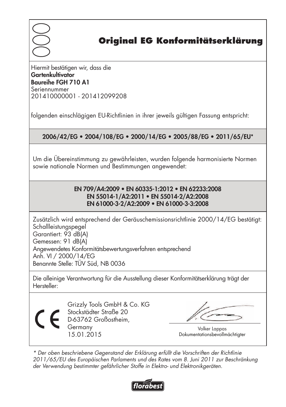 Original eg konformitätserklärung, De at ch | Florabest FGH 710 A1 User Manual | Page 91 / 94