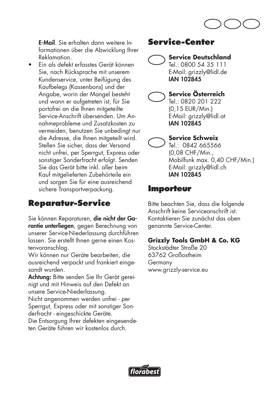 Service-center, Importeur, Reparatur-service | At ch de, De at ch | Florabest FKS 2200 D2 User Manual | Page 29 / 108