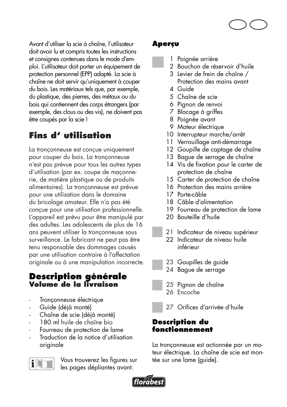 Fins d‘ utilisation, Description générale, Ch fr | Florabest FKS 2200 D2 User Manual | Page 31 / 108