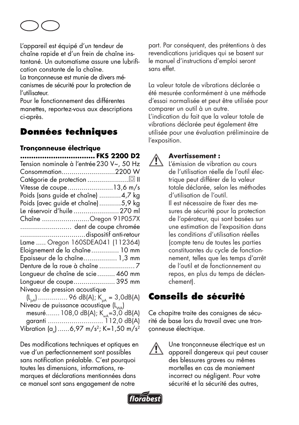 Données techniques, Conseils de sécurité, Fr ch | Florabest FKS 2200 D2 User Manual | Page 32 / 108