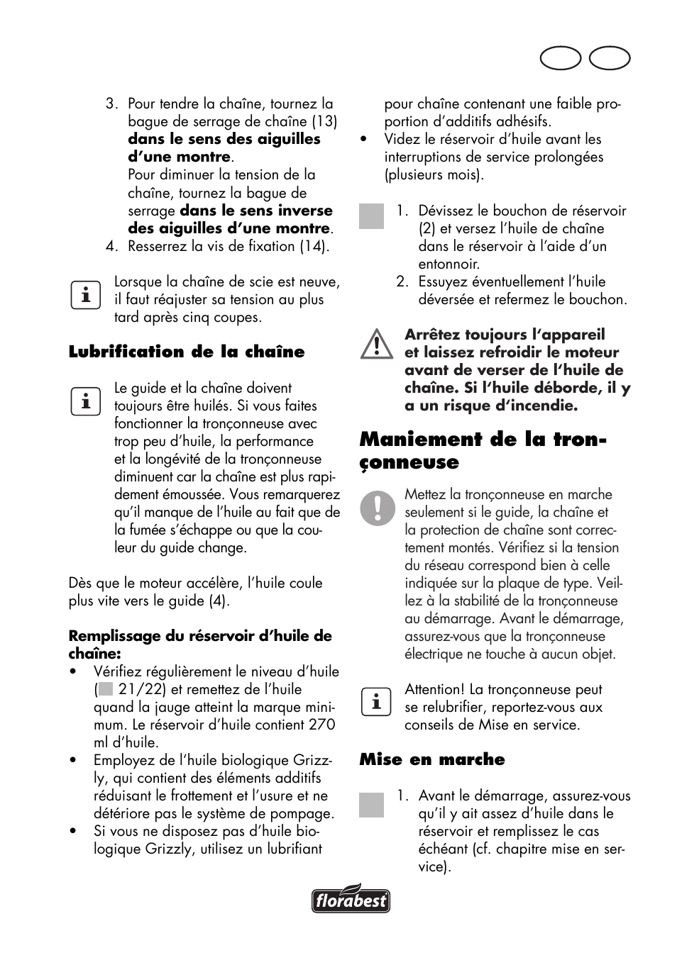 Maniement de la tron- çonneuse, Ch fr | Florabest FKS 2200 D2 User Manual | Page 41 / 108