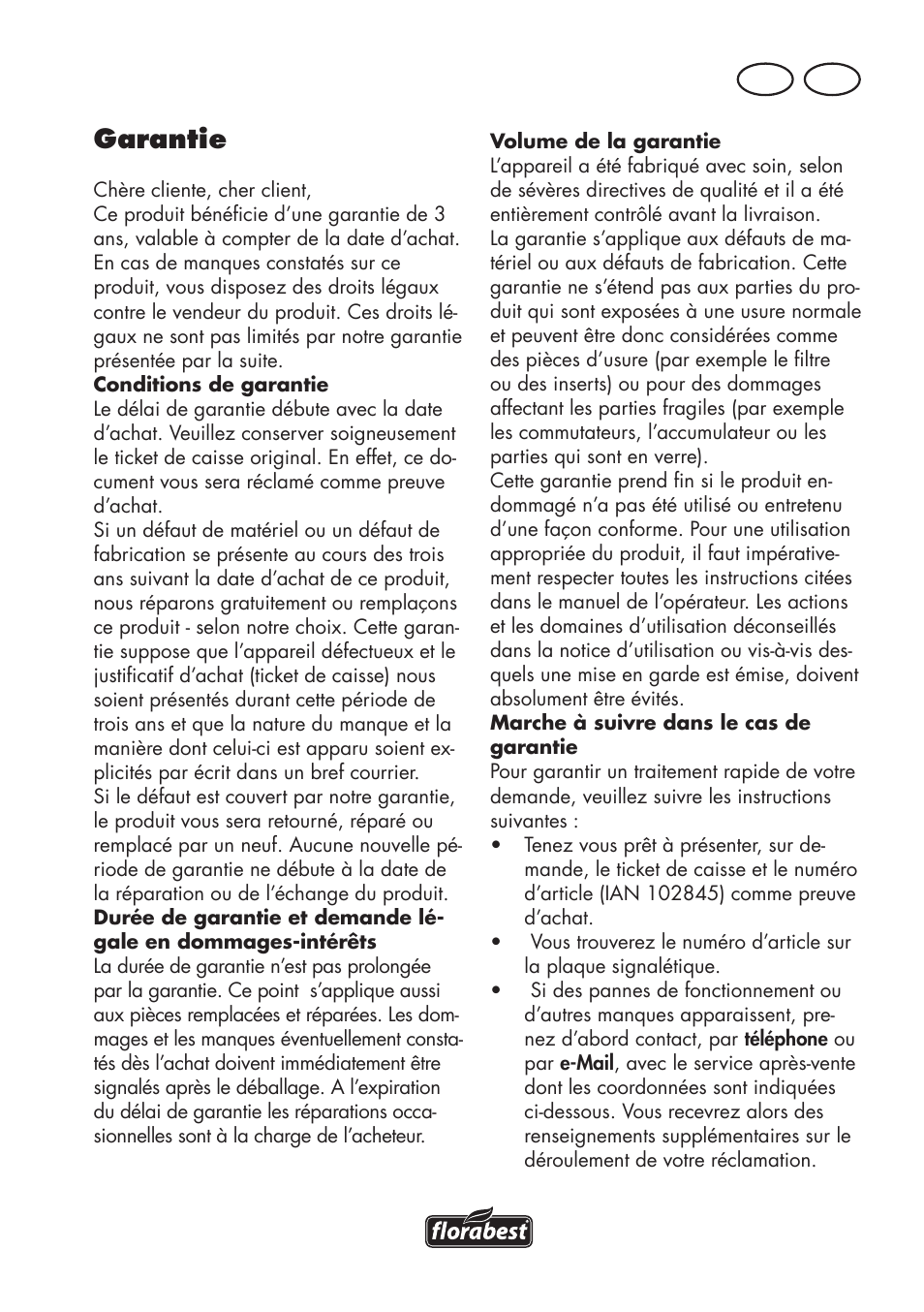 Garantie, Ch fr | Florabest FKS 2200 D2 User Manual | Page 51 / 108