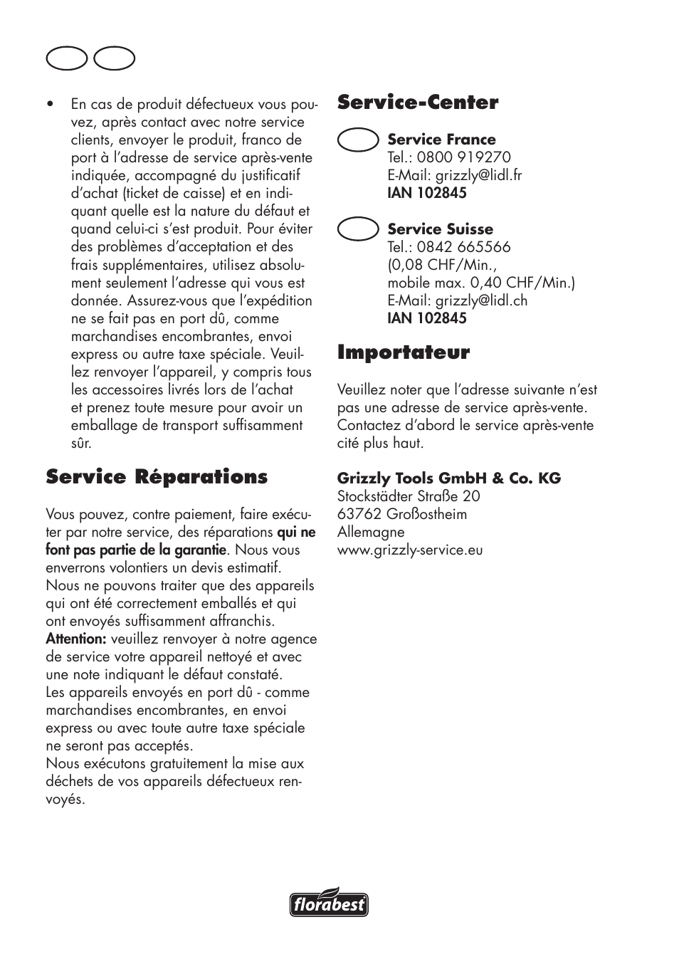 Service-center, Importateur, Service réparations | Fr ch | Florabest FKS 2200 D2 User Manual | Page 52 / 108