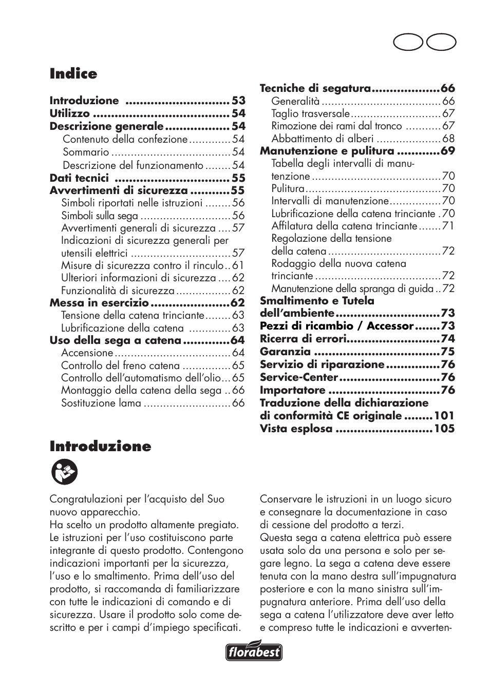 Introduzione, Indice, It ch | Florabest FKS 2200 D2 User Manual | Page 53 / 108