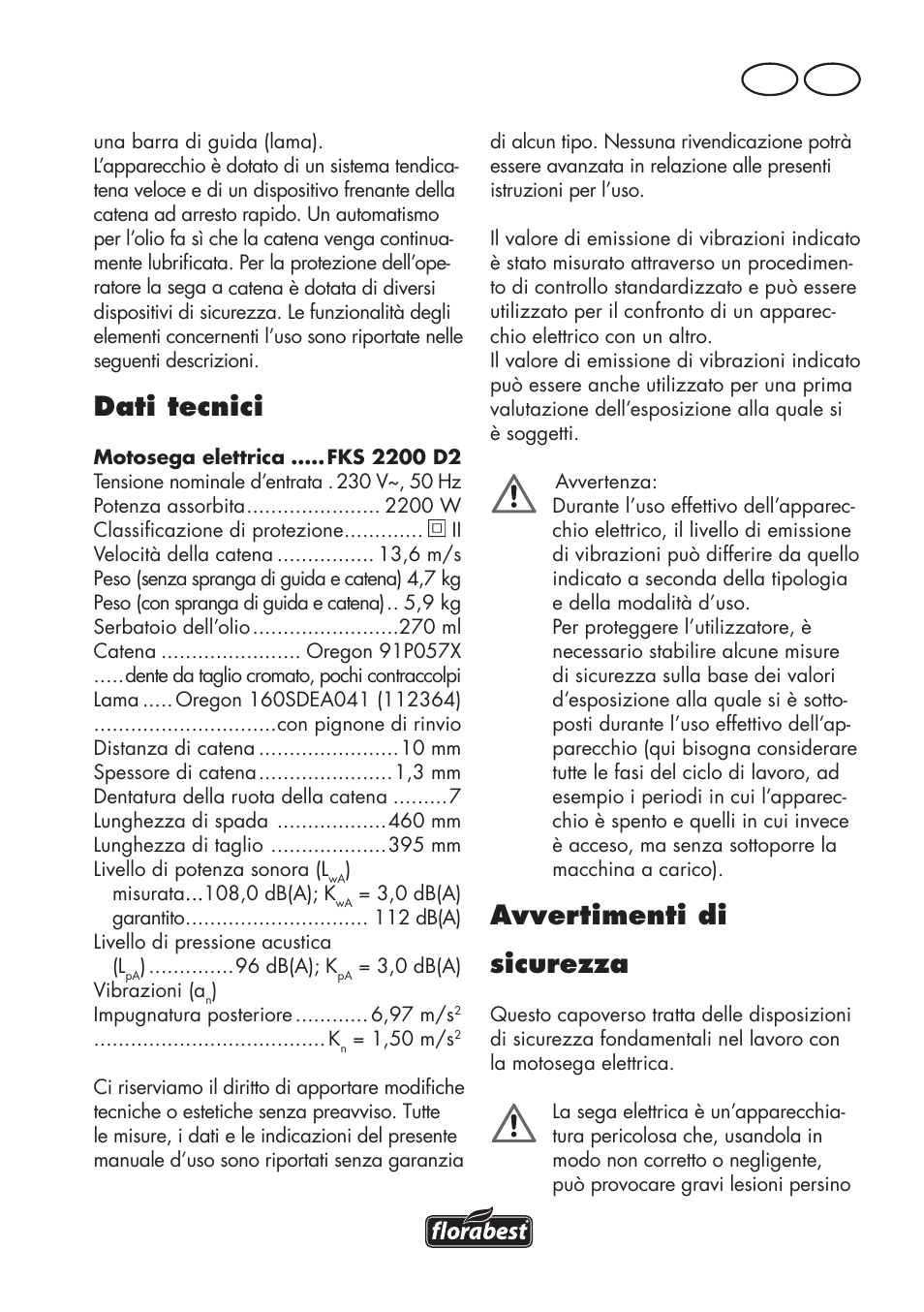 Dati tecnici, Avvertimenti di sicurezza, It ch | Florabest FKS 2200 D2 User Manual | Page 55 / 108