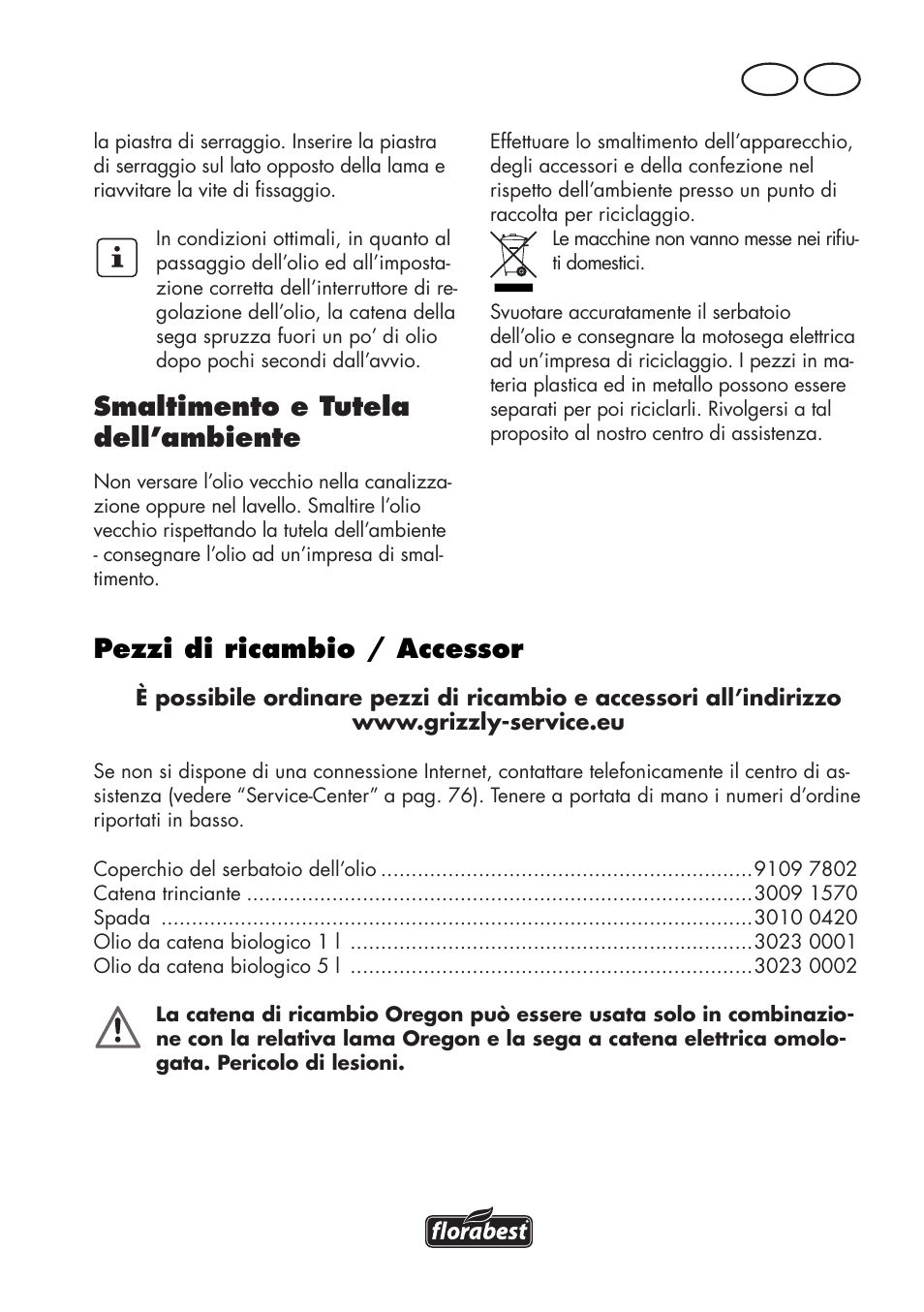 Smaltimento e tutela dell’ambiente, Pezzi di ricambio / accessor, It ch | Florabest FKS 2200 D2 User Manual | Page 73 / 108